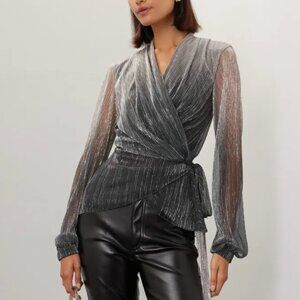 PatBO Wrap Top in Silver Black Ombre Long Sleeve Blouse Shirt